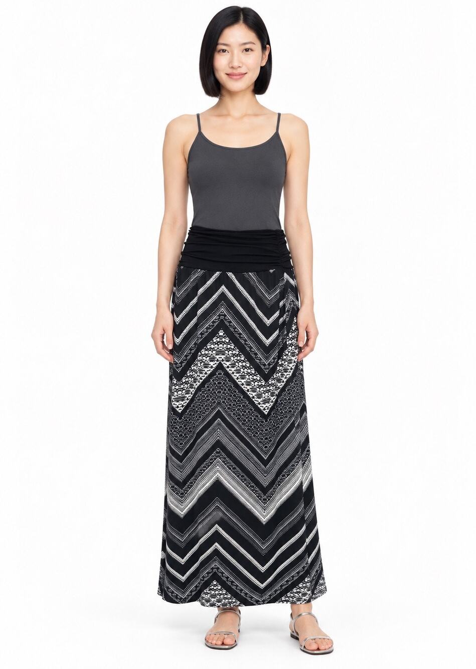 AB Studio Black & White Chevron Print Wide Waistband Stretchy Maxi Skirt